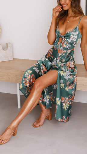 Myla | Vestido Midi de Cetim Floral com Fenda