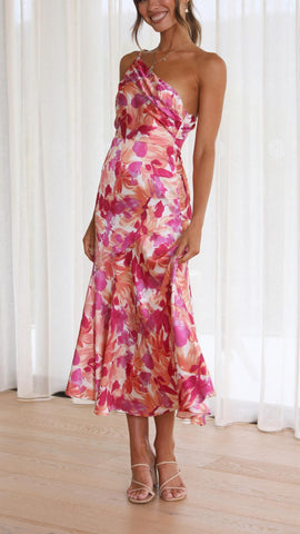 Sophie | Vestido Midi Floral de Um Ombro Só